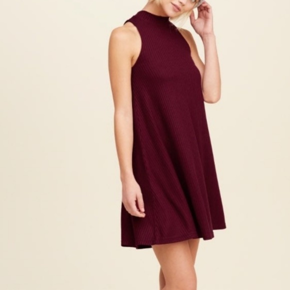 Women's HCO Hollister Ribbed Burgundy Y2K Mock Neck Swing Mini Dress - Size XS - Picture 1 of 2